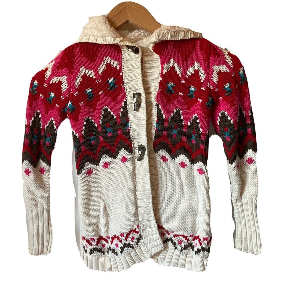 Old Navy Fair Isles little kids 4T‎ hooded cardigan jacket cable knit red toggle